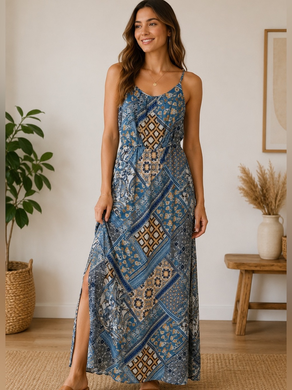 NAIF Blue and Tan Paisley Patchwork Maxi Dress